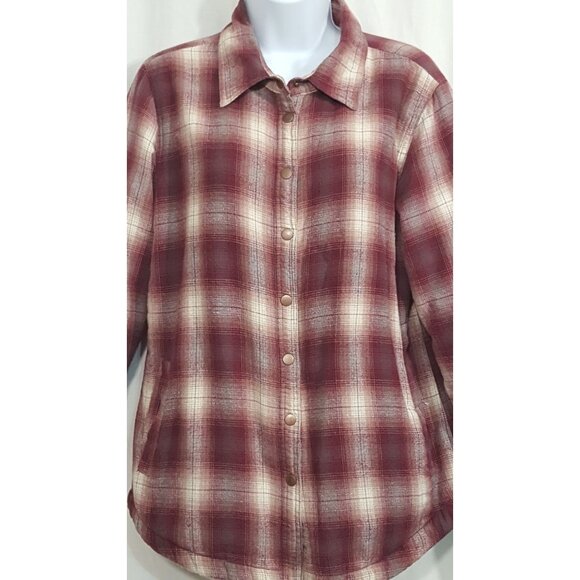 Bit & Bridle Sherpa Lined Flannel Shacket Womens M Red Plaid Snap Button Long Sl - Picture 2 of 6
